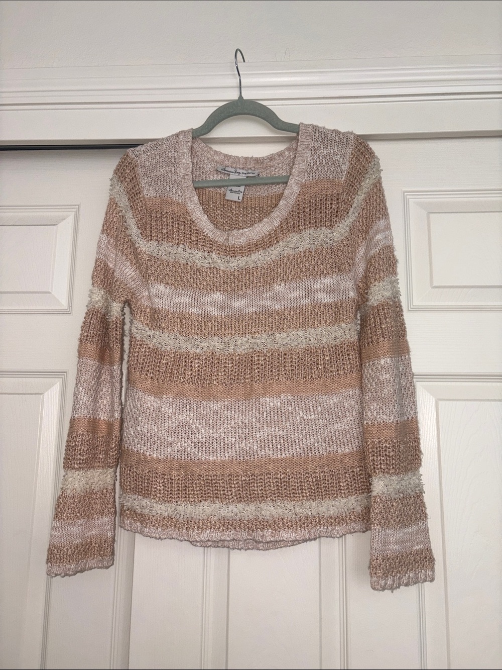 American Rag Striped Crewneck Sweater in Tan and Cream